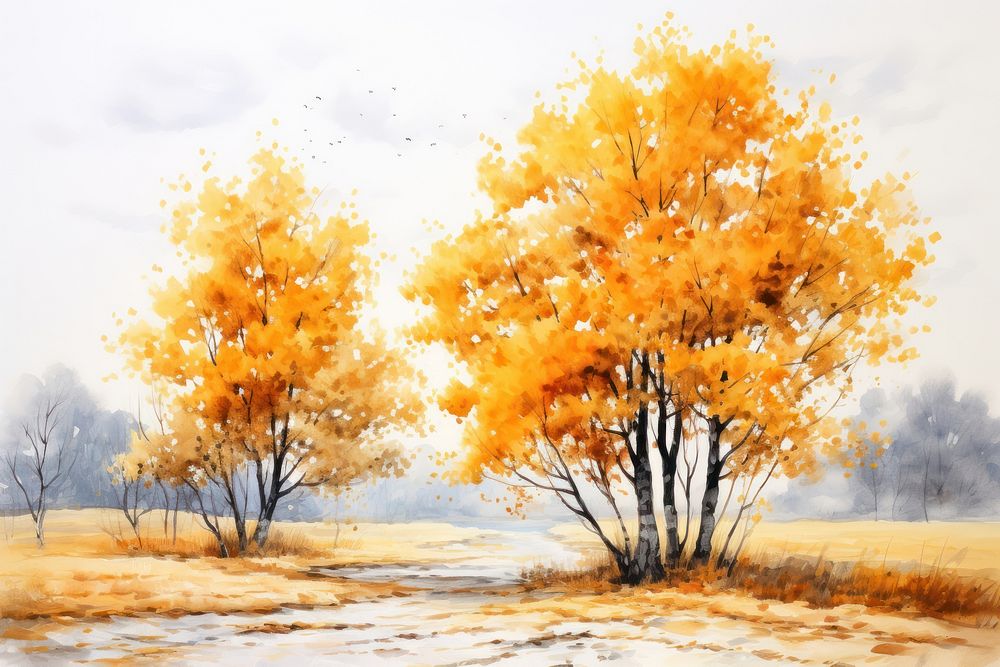 Autumn trees painting landscape outdoors.