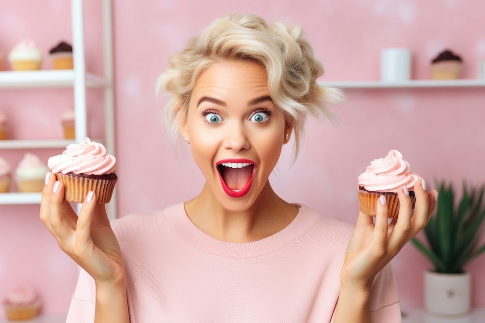 Woman happy beauty influencer surprise headshot cupcake.