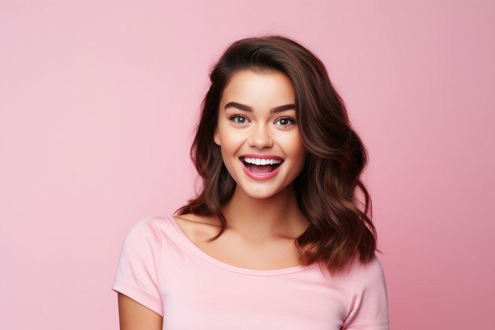 Woman happy beauty influencer surprise laughing headshot.