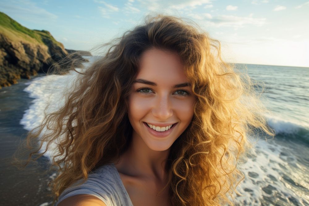 Woman happy face portrait headshot beach.