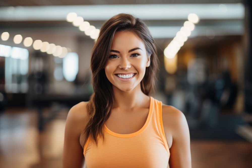 Woman happy fitness influencer smile adult face.