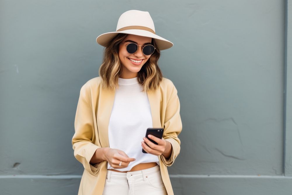 Woman influencer holding mobile phone sunglasses.