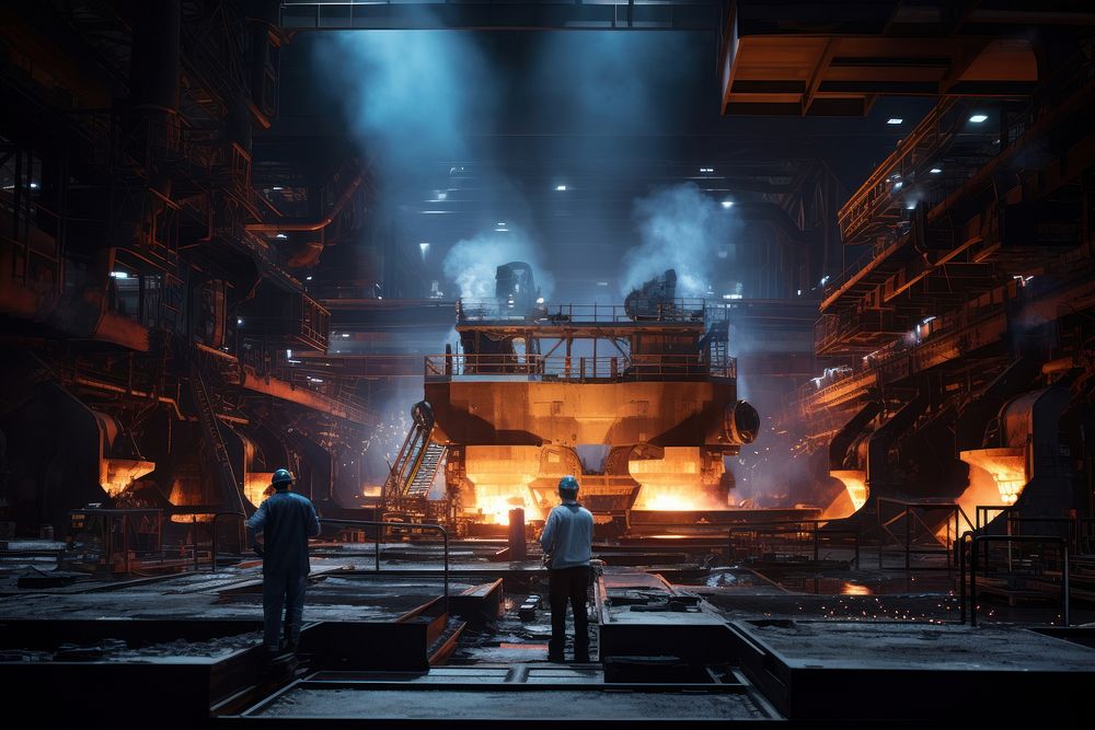 Workers working in a steel plant with large plates architecture factory manufacturing.