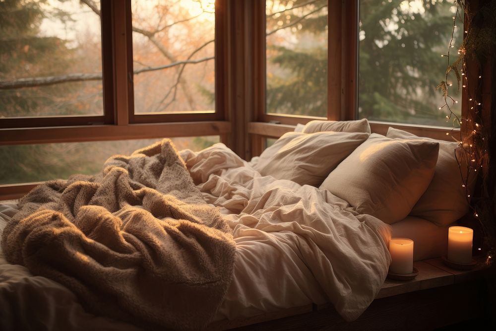 Bed furniture blanket window.