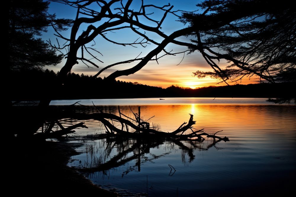 Silhouette landscape lake outdoors.