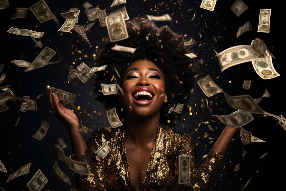 Black woman influencer happy portrait dollar money.