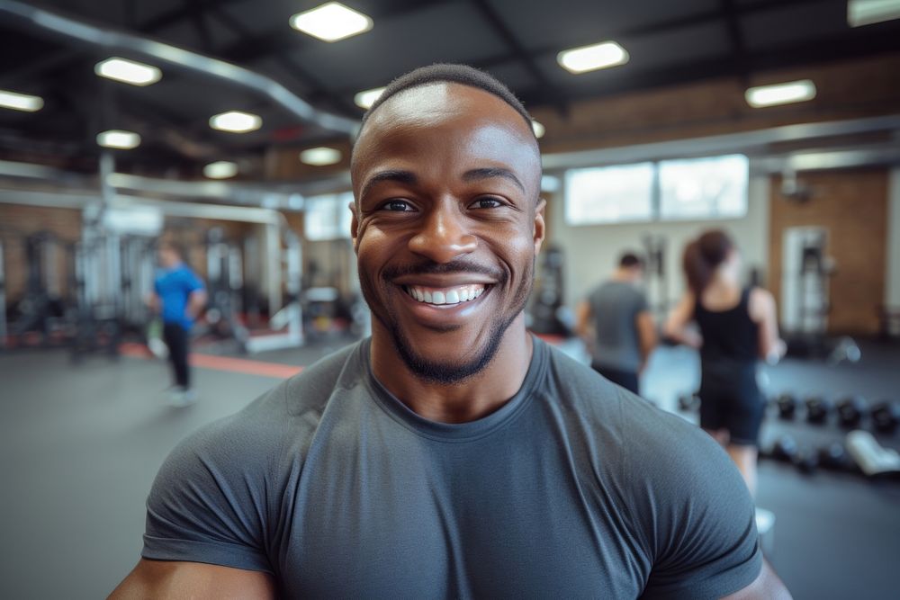 Black man happy fitness influencer headshot adult face.