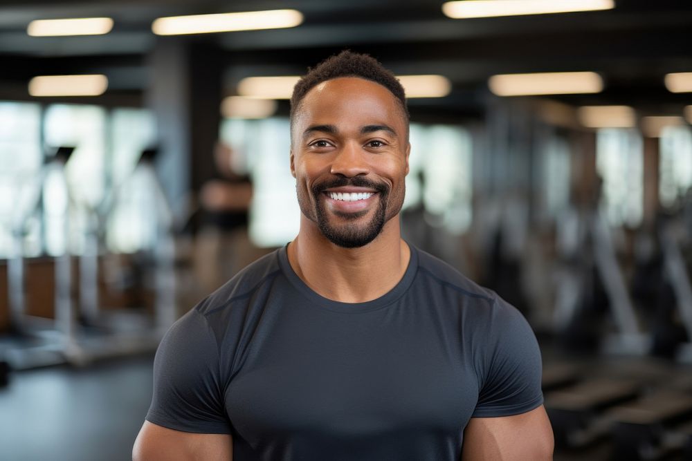 Black man happy fitness influencer headshot adult smile.