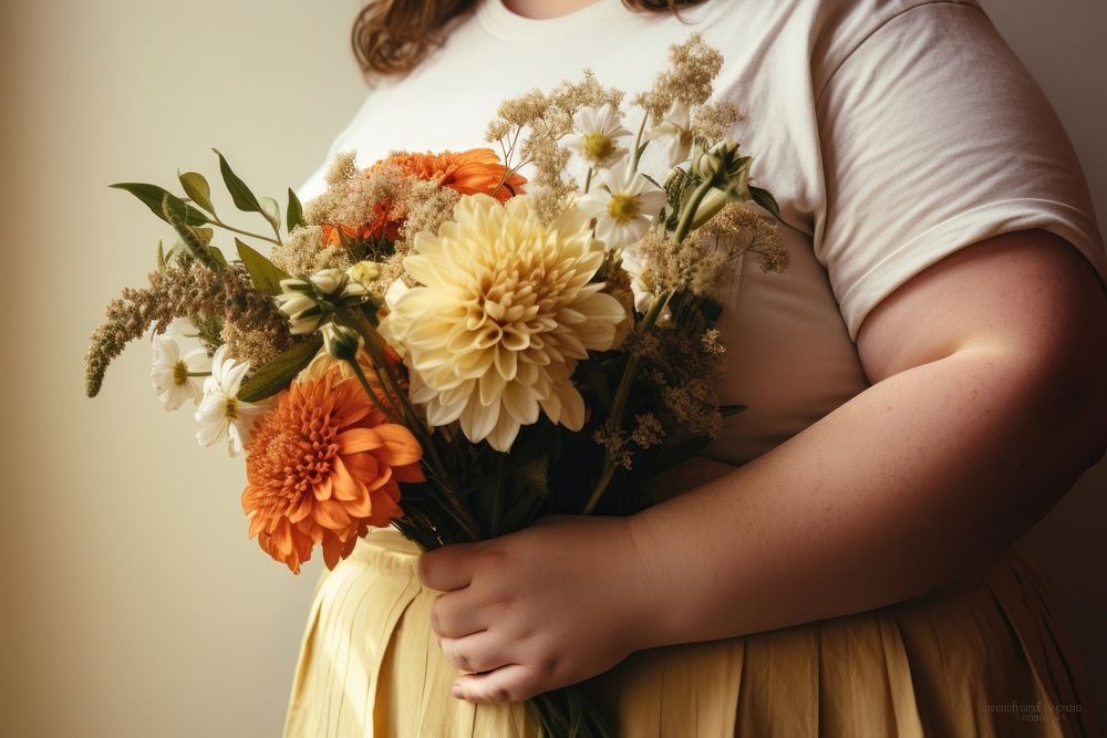 Chubby body woman holding flowers adult bride plant.
