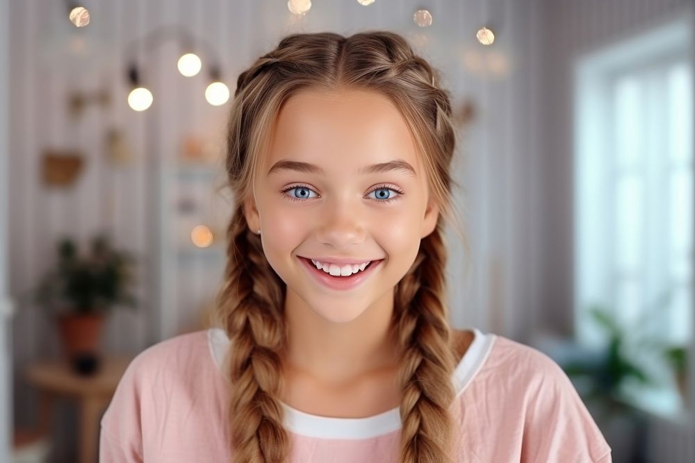 Girl teenager Excited face headshot braid smile.