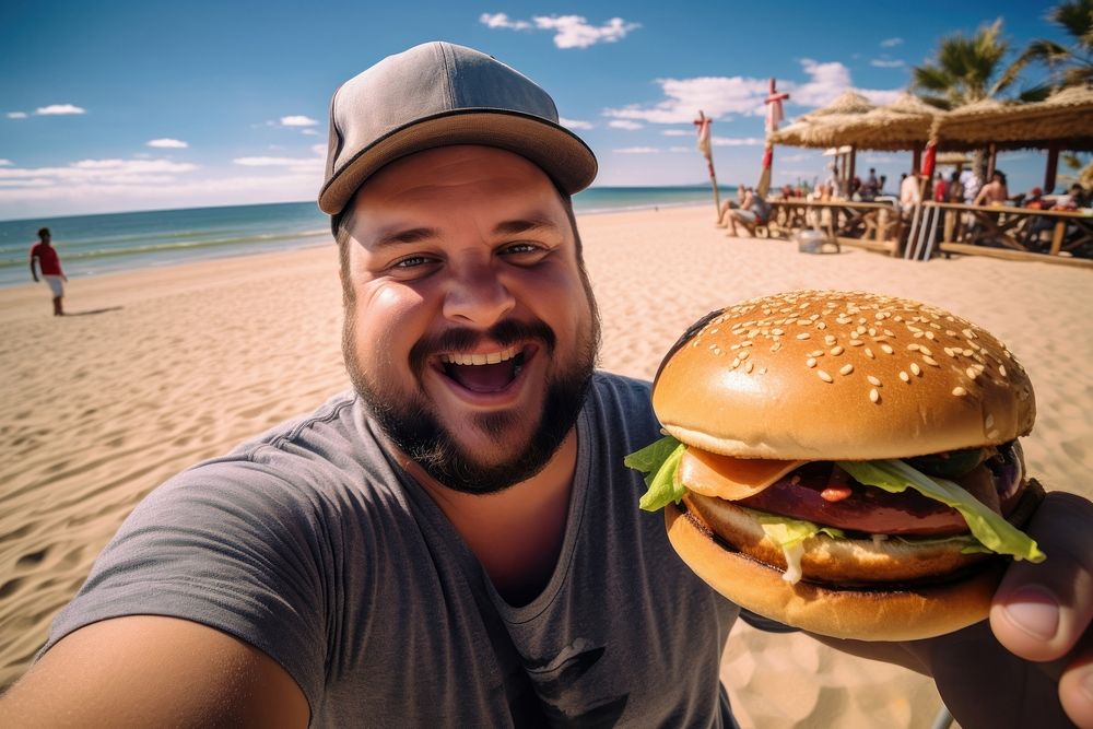 Man chubby happy face portrait beach restaurant.