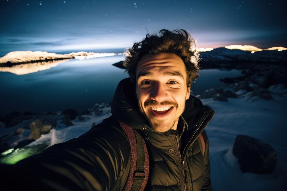 Man excited face portrait selfie landscape.