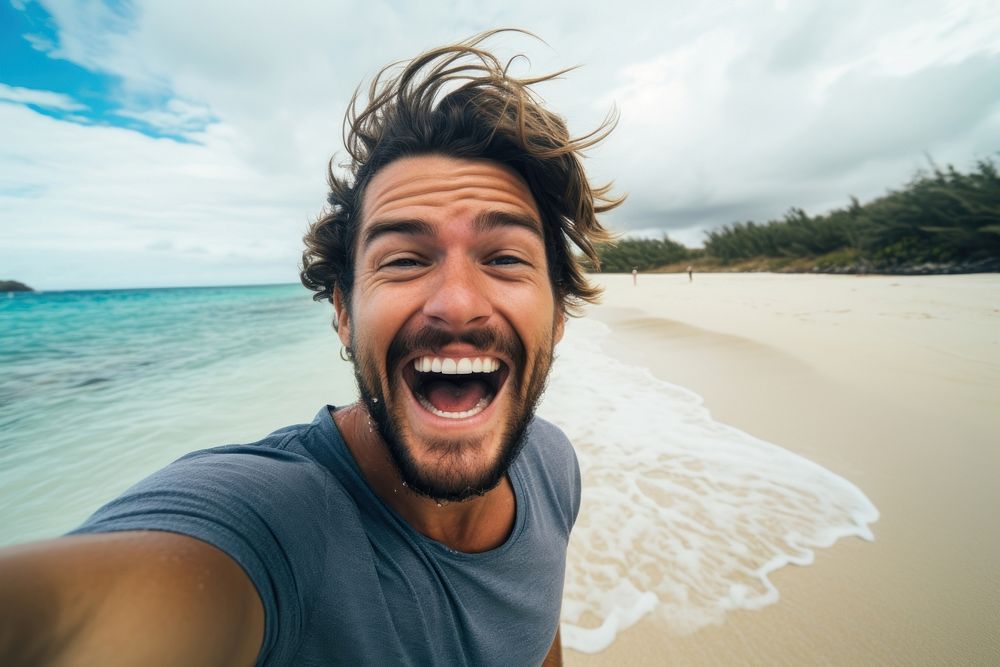 Man excited face selfie laughing portrait.