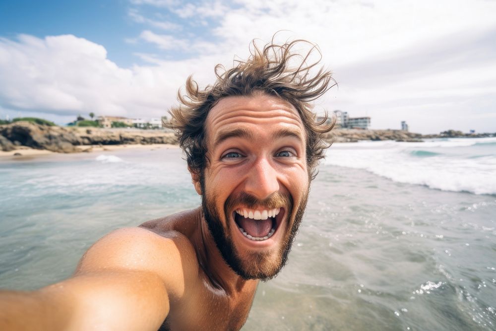 Man excited face selfie laughing portrait.
