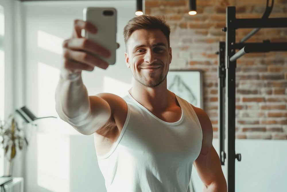Man fitness influencer selfie adult phone.