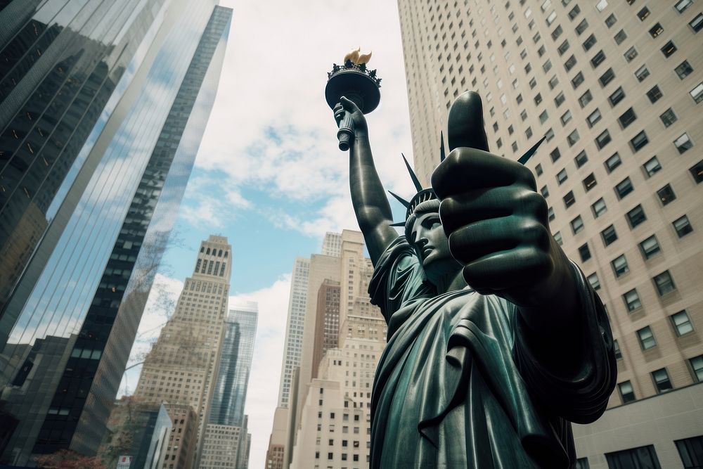Newyork statue thumbsup architecture metropolis cityscape.