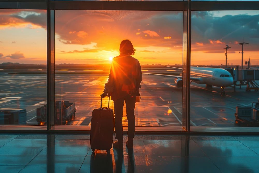 Travel tourist standing with luggage watching sunset at airport window airplane vehicle travel.