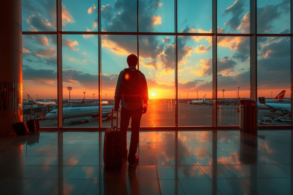 Travel tourist standing with luggage watching sunset at airport window travel adult transportation.