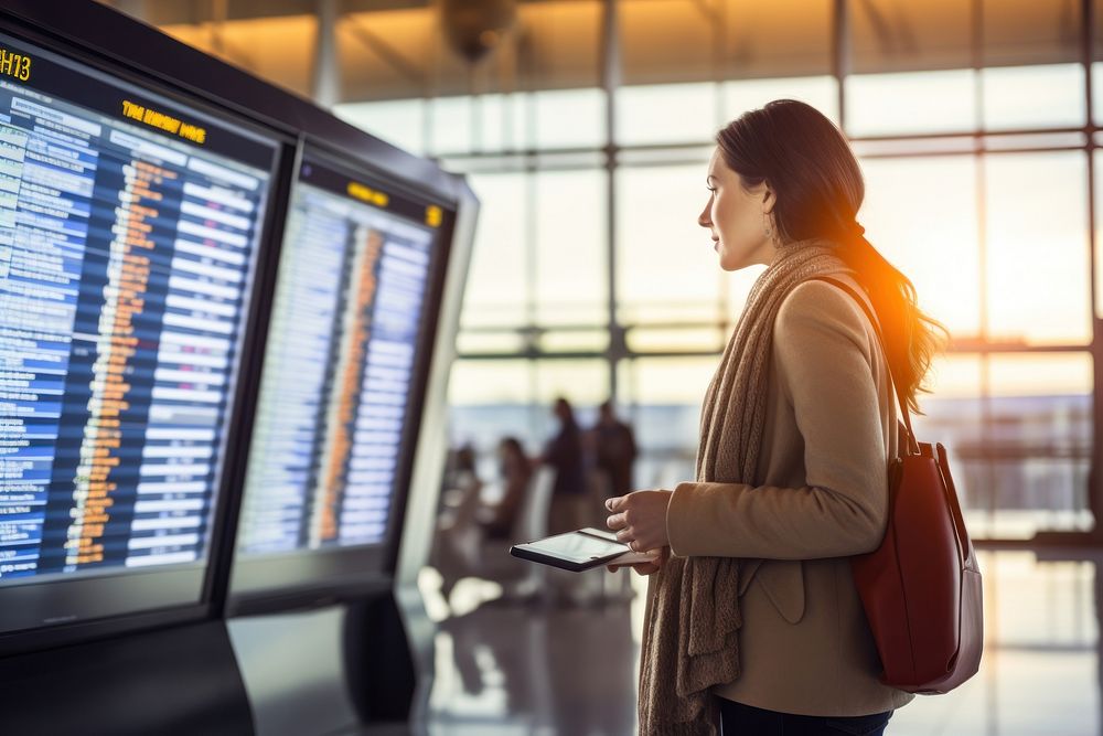 Woman checks airline schedule at airport screen adult woman.