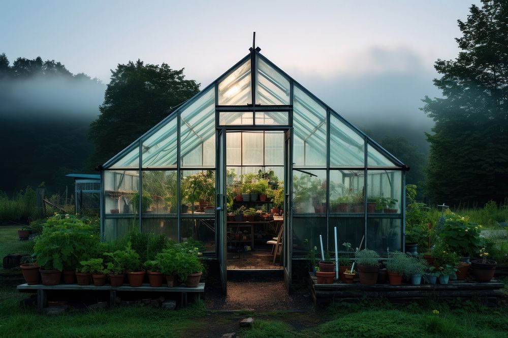 Photo of a glasshouse greenhouse gardening outdoors.