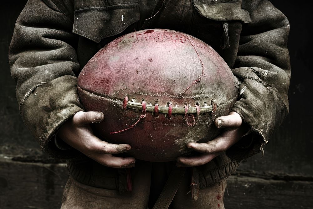 A kid holding American football ball american football midsection darkness.
