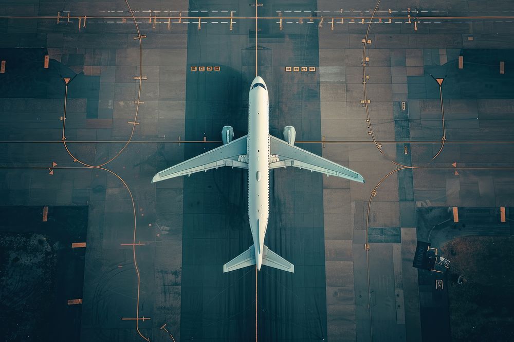 Aerial view of airplane on airport and runway aircraft airliner vehicle.