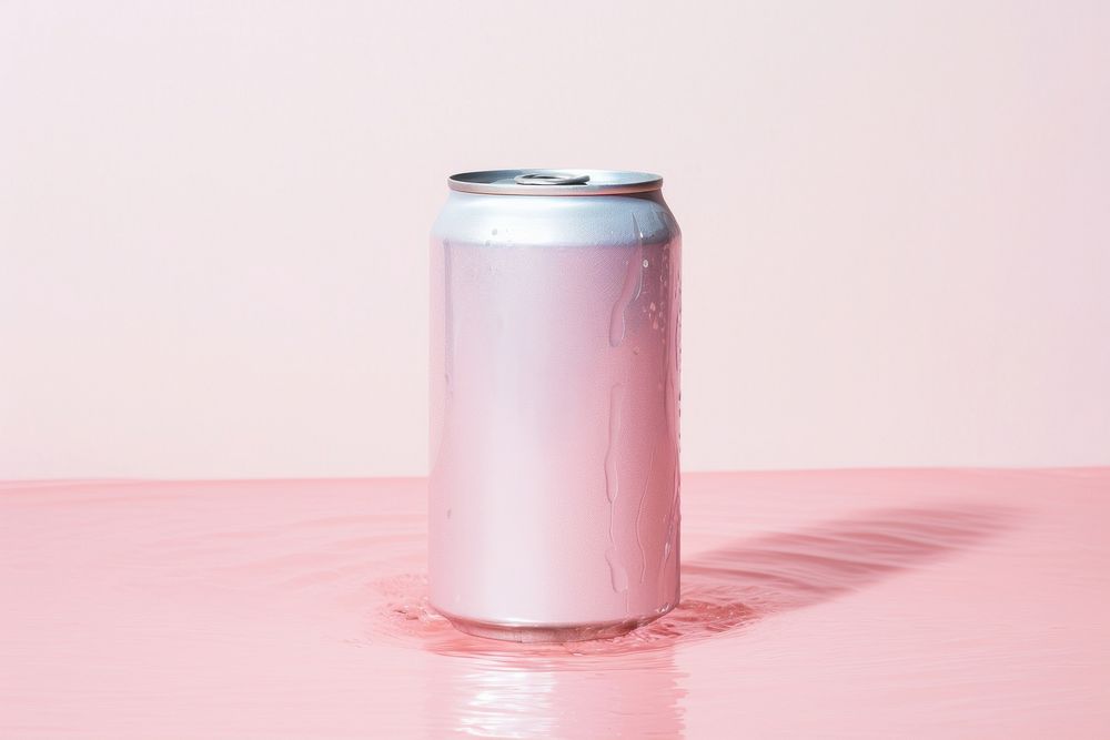 Aluminum can on pink water pattern drink refreshment drinkware.
