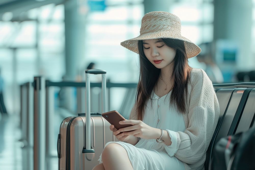 Asian woman with suitcase using smartphone luggage sitting adult.