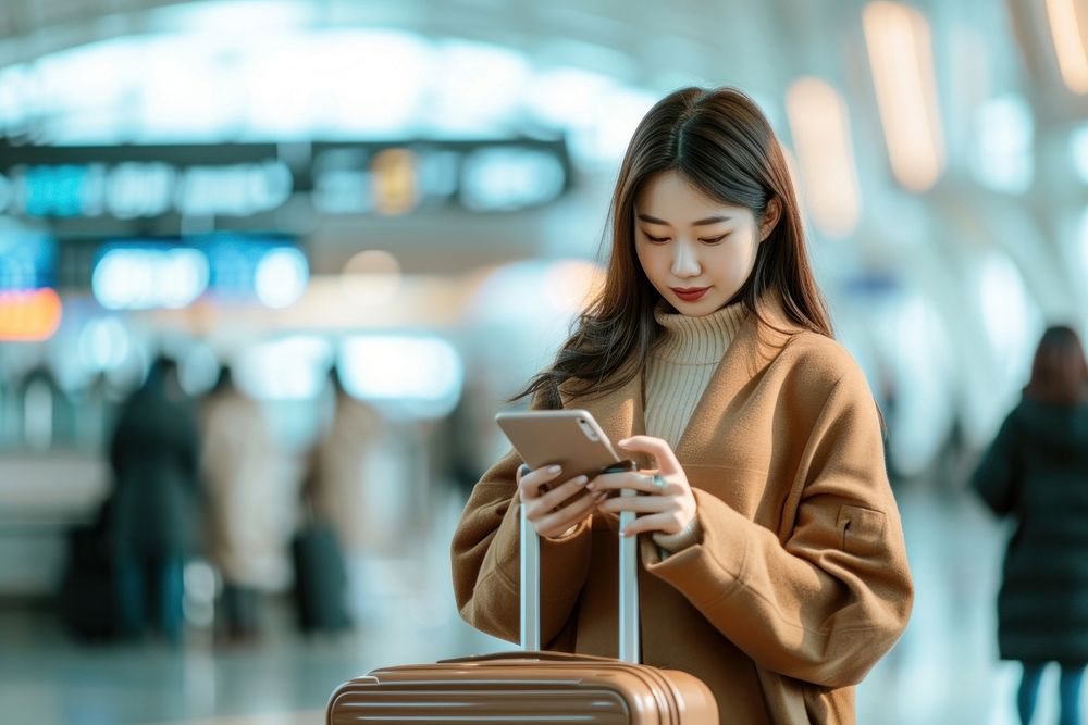 Asian woman with suitcase using smartphone airport adult infrastructure.