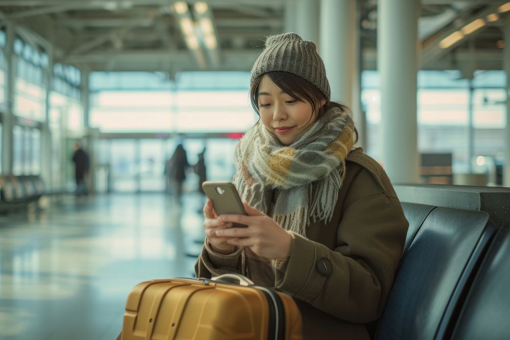 Asian woman with suitcase using smartphone airport luggage scarf.