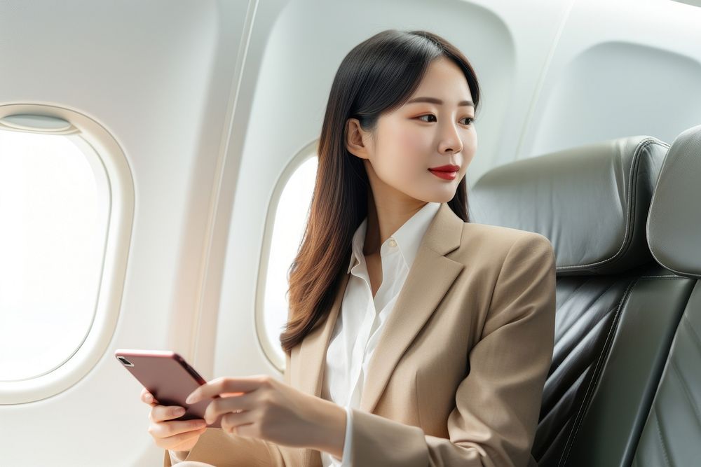 Asian business woman using smartphone while sitting on the plane vehicle adult transportation.