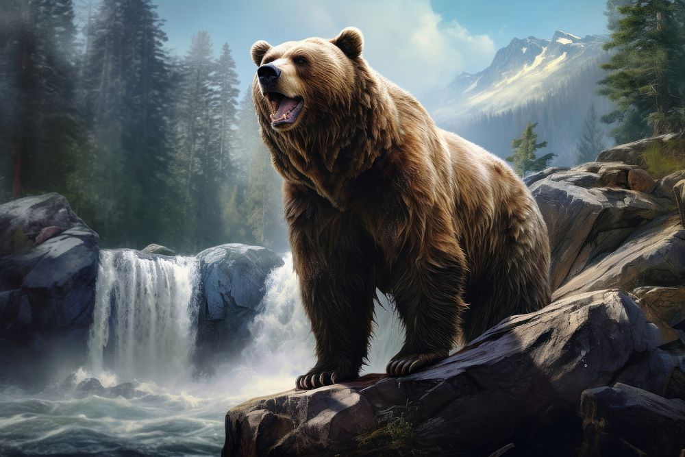 Big bear greeting waterfall wildlife outdoors.