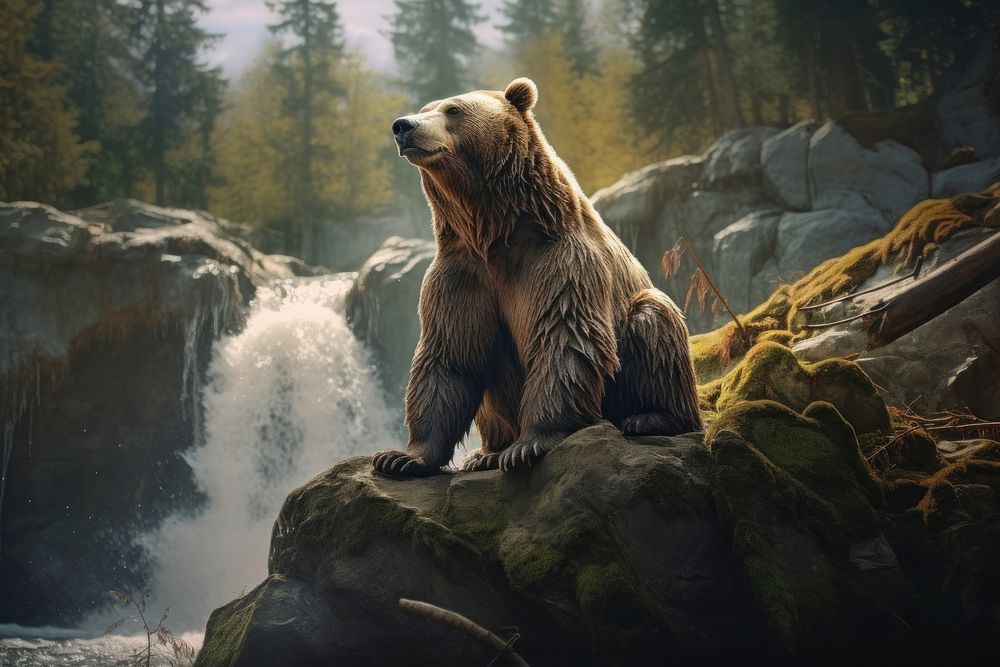 Big bear greeting rock waterfall wildlife.