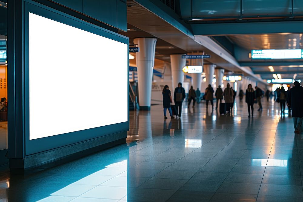Blank advertising billboard airport screen walking.