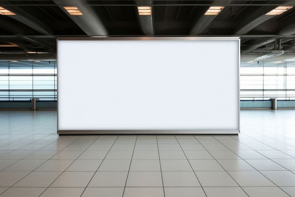 Blank advertising billboard with baggage and luggage in the international airport architecture electronics flooring.