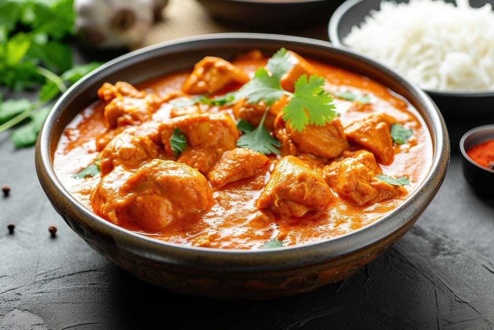Photo of butter chicken bowl curry food meat.