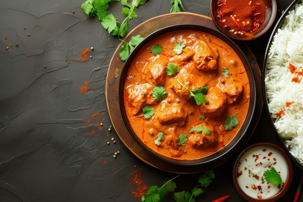Photo of butter chicken bowl food meat vegetable.