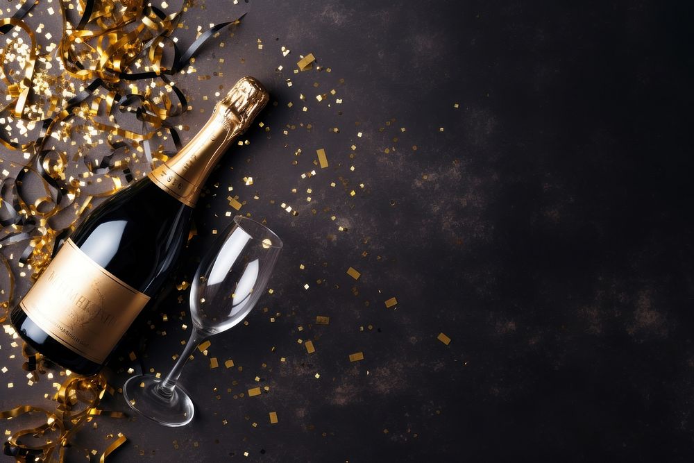 Celebration background with golden champagne bottle celebration confetti glass.