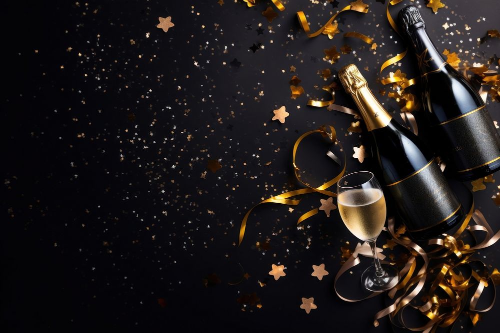 Celebration background with golden champagne bottle confetti celebration glass.