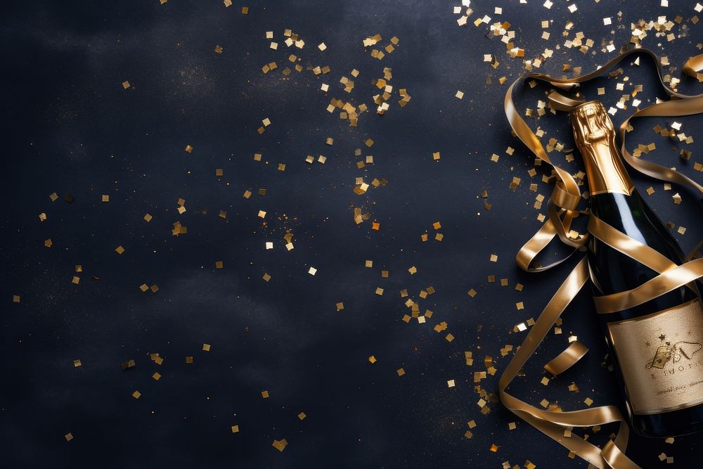 Celebration background with golden champagne bottle confetti celebration decoration.