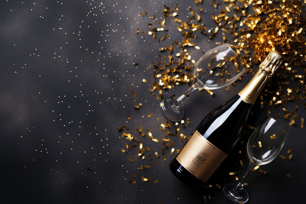 Celebration background with golden champagne bottle confetti celebration glass.