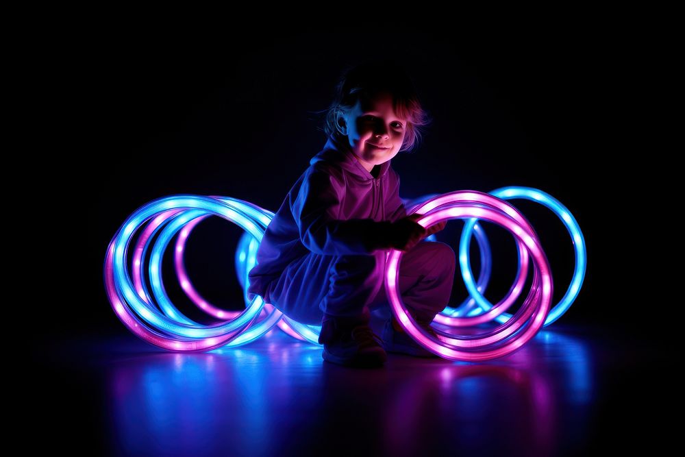 Child playing Neon rim light portrait purple neon.
