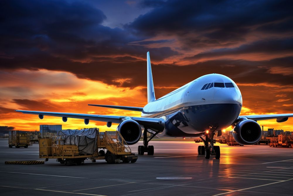 Commercial cargo air freight airplane loaded at airport in the evening aircraft airliner airfield.