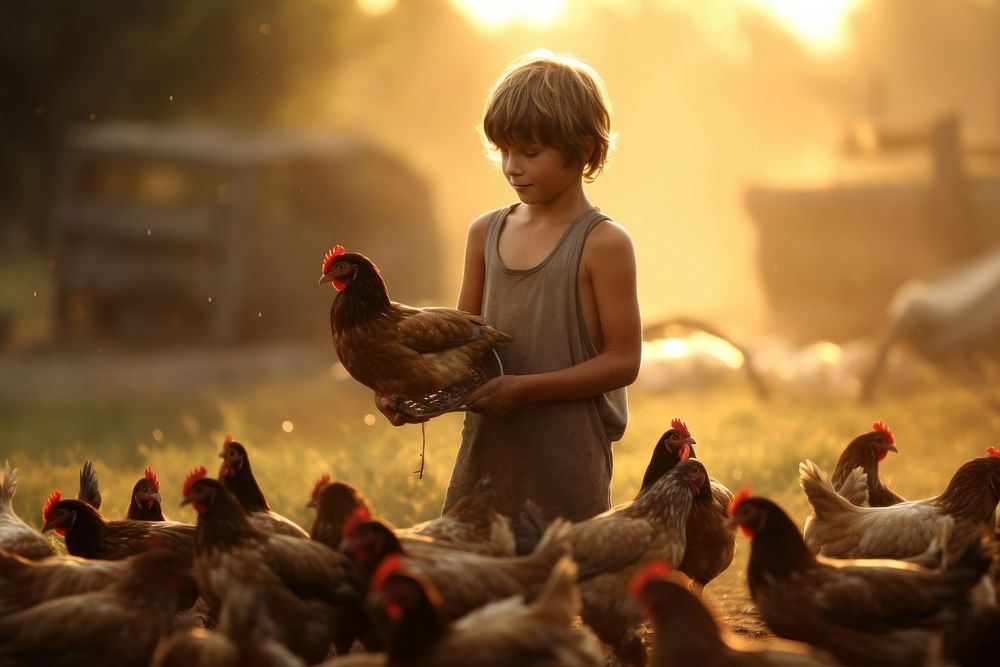 Kid feed flock of chickens outdoors animal nature.