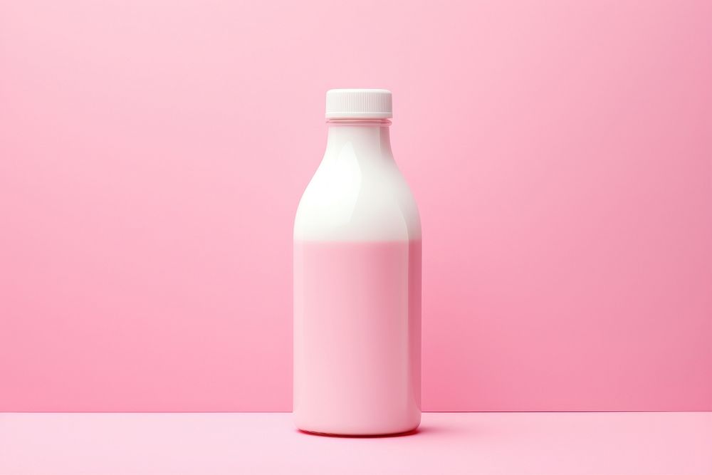 Cream bottle on pink water pattern milk refreshment drinkware.