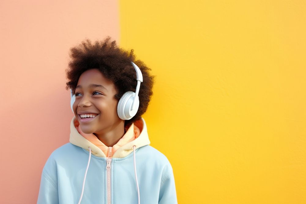 Happy black boy playing headphones headset smile.