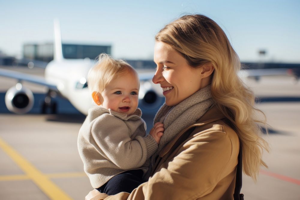 Mother and toddler airport photography airplane.