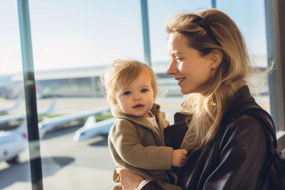 Mother and toddler airport photography portrait.