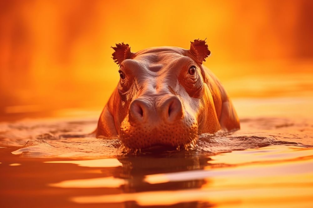 Hippo in lake light leaks wildlife animal mammal.