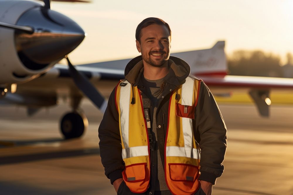 Man aircraft marshall worker in runway airport airplane vehicle jacket.